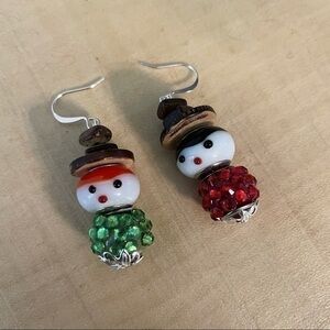 $10 SALE Handmade Red Green Sweater Snowmen Molded Glass Earrings Winter
